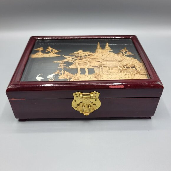 Vintage Chinese Hand Carved Cork Diorama Jewelry Box Red Lining Wood Box SEE - Picture 9 of 16